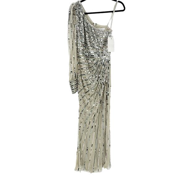 Mac Duggal 10793 Asymmetrical One Shoulder Sequin Gown Platinum Size 6 NWT - Picture 6 of 11